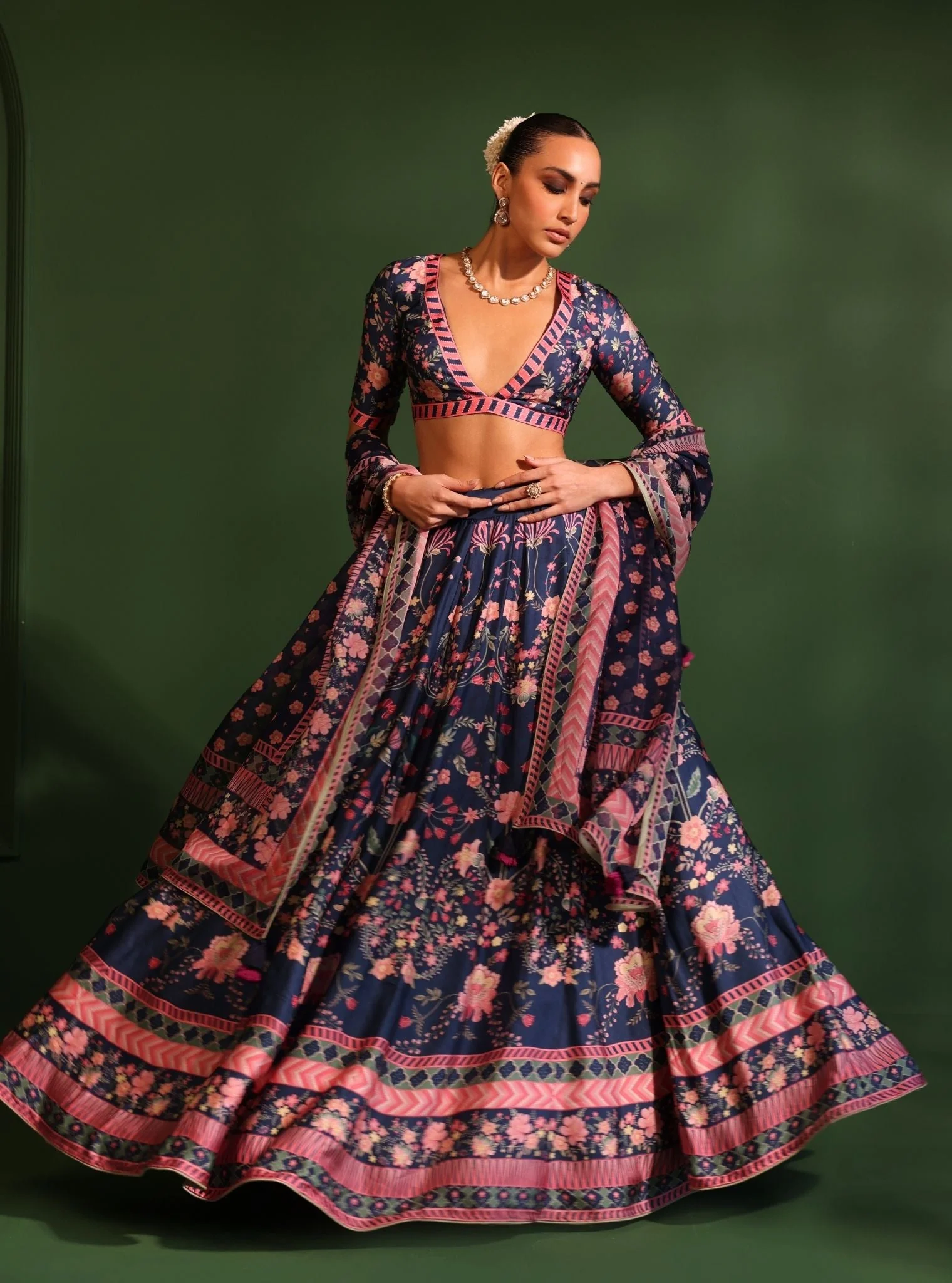 Cupro Satin Printed Jhanak Navy Lehenga