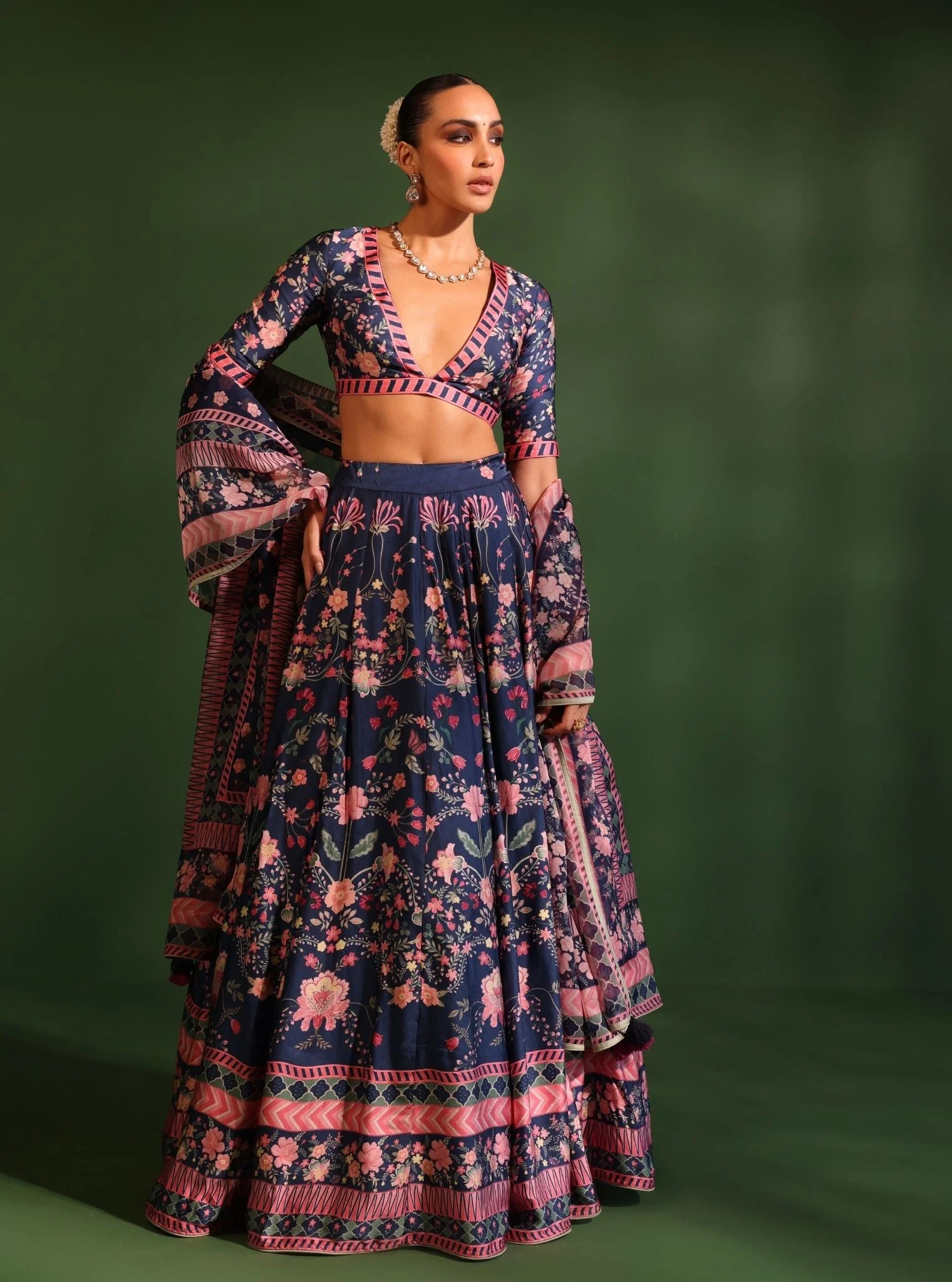Cupro Satin Printed Jhanak Navy Lehenga - Image 4