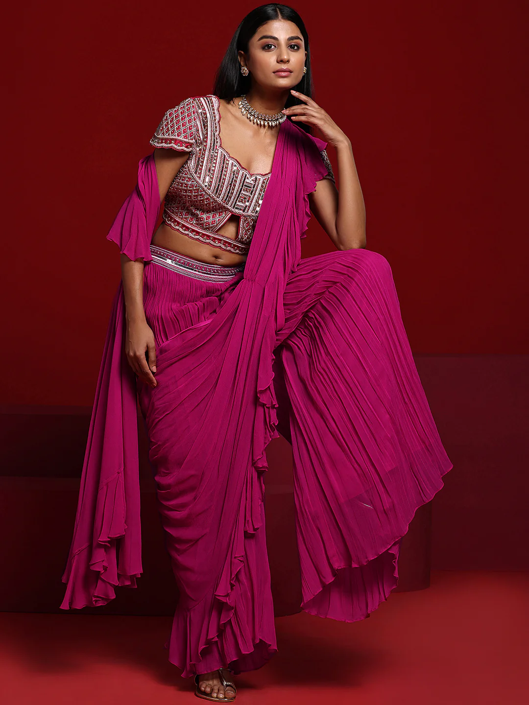 Libas Art Pink Embellished Silk Blend Palazzo Saree - Image 2