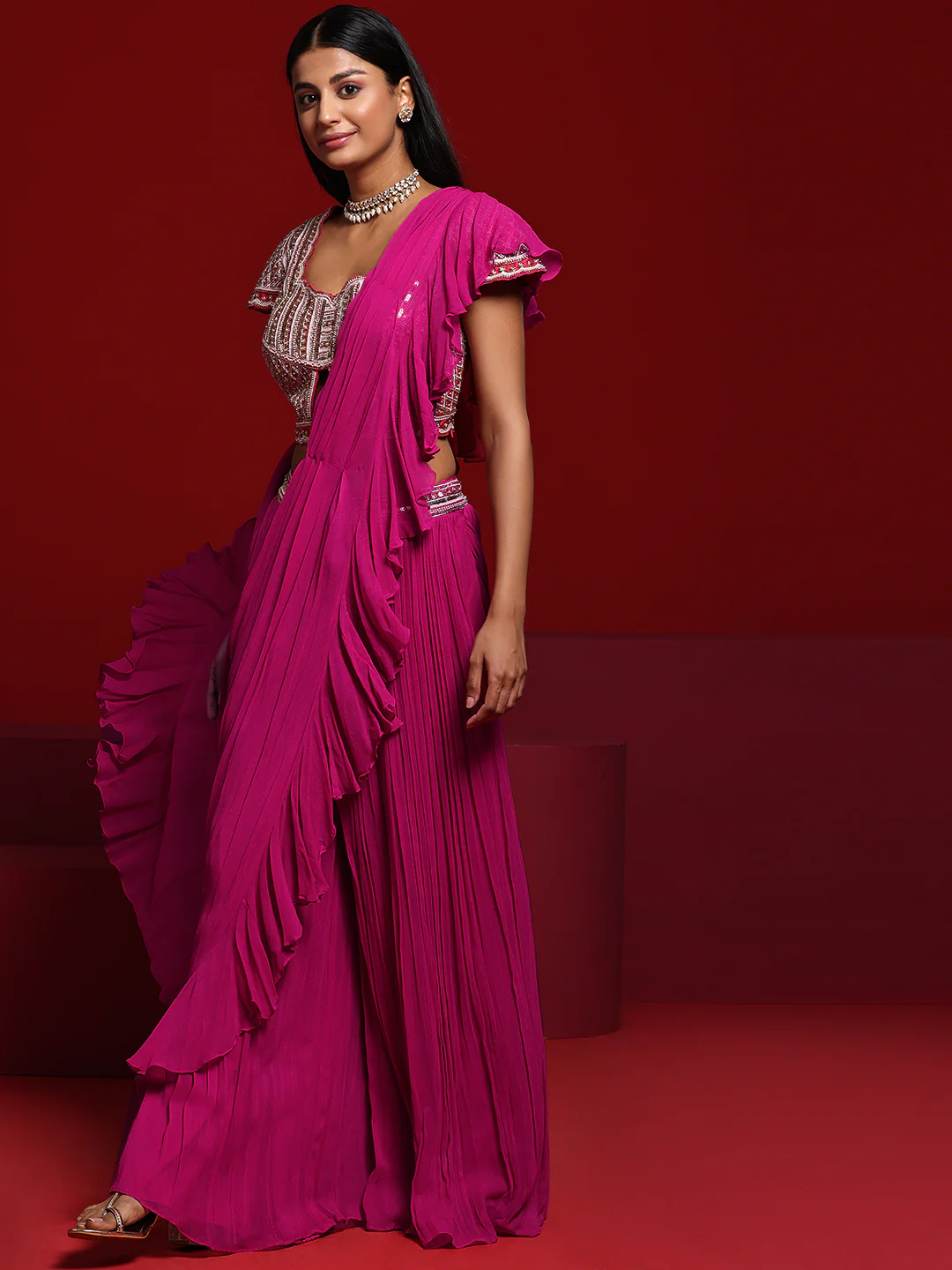 Libas Art Pink Embellished Silk Blend Palazzo Saree - Image 3