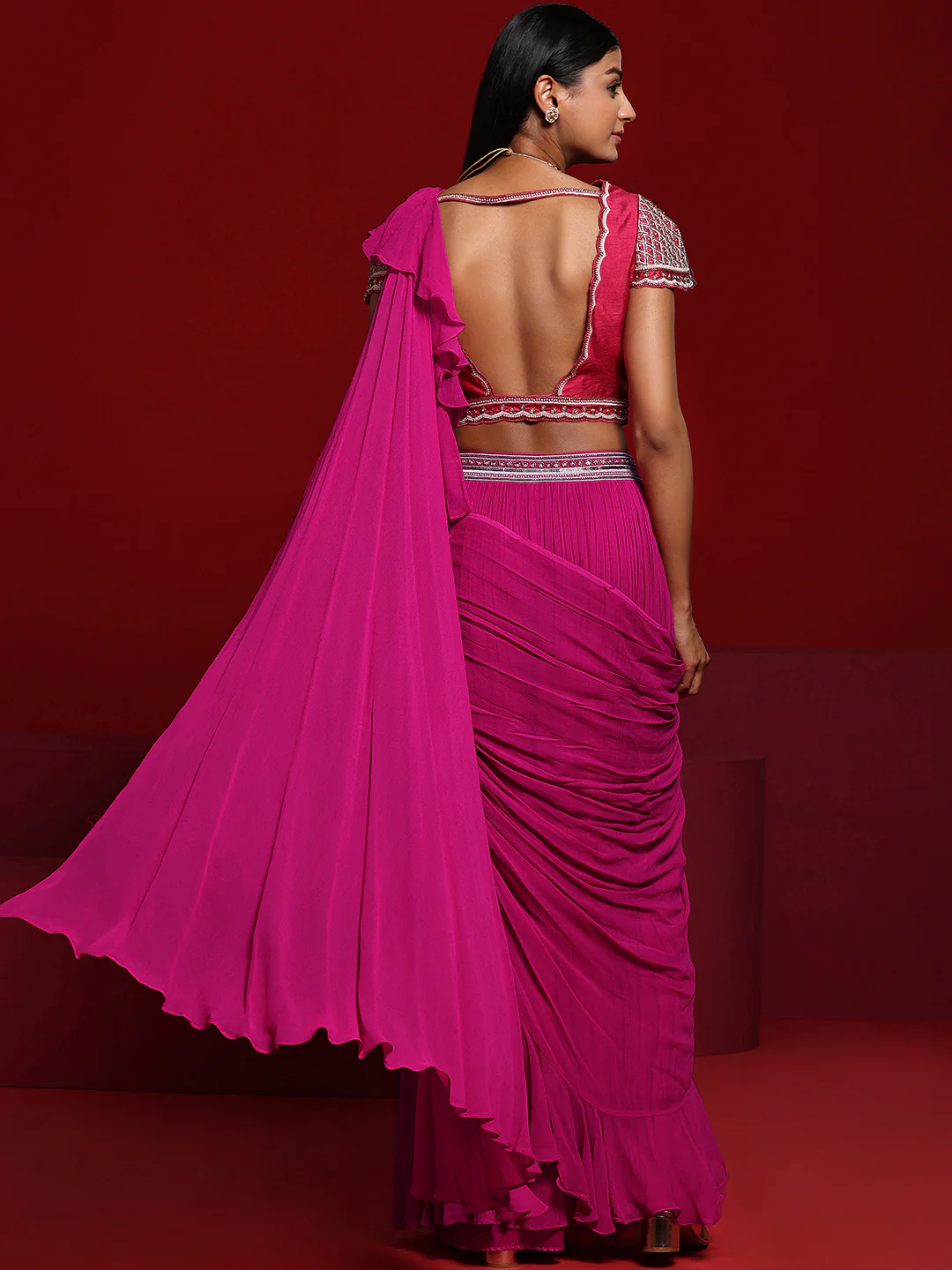 Libas Art Pink Embellished Silk Blend Palazzo Saree - Image 4