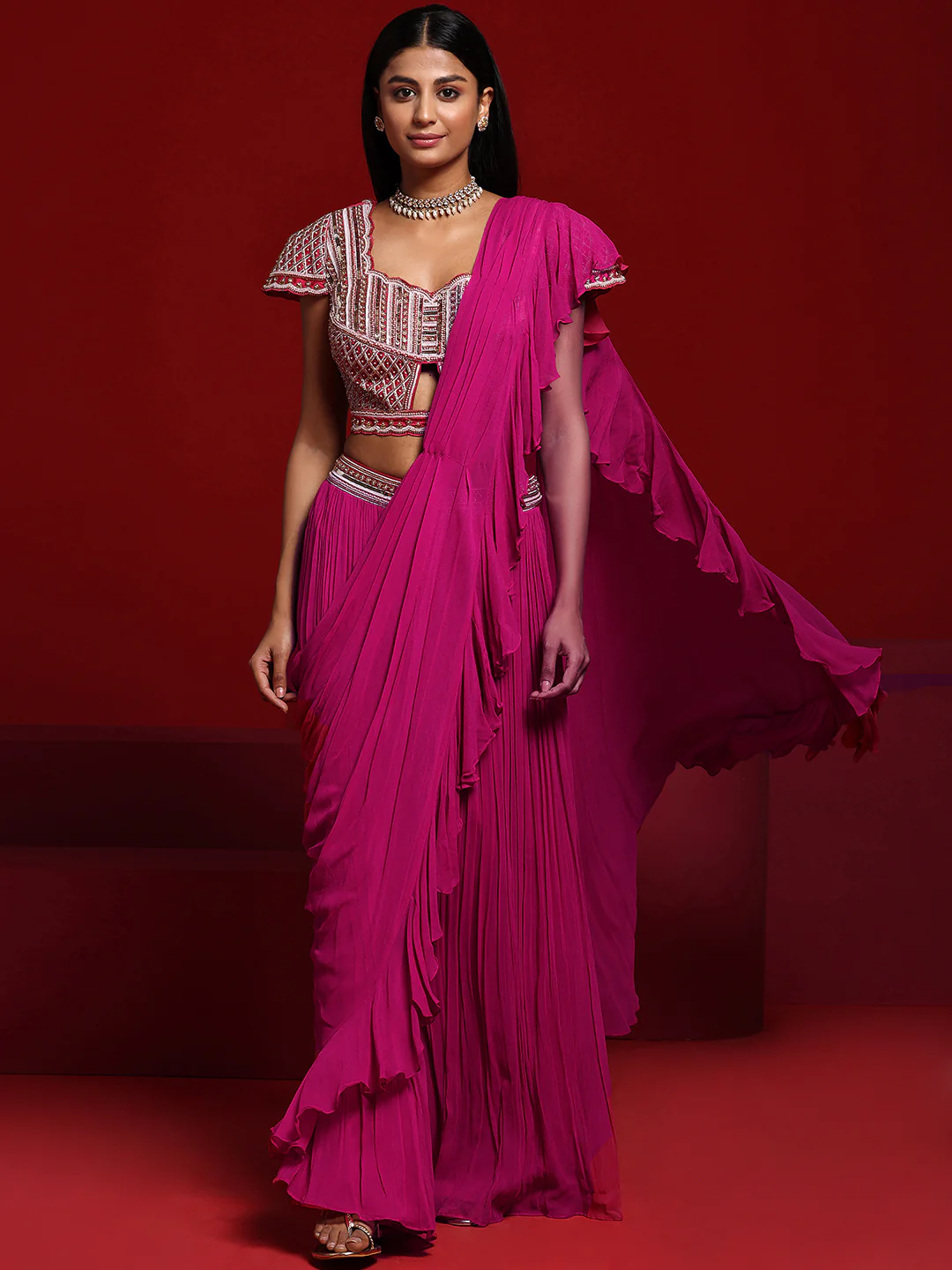 Libas Art Pink Embellished Silk Blend Palazzo Saree - Image 6