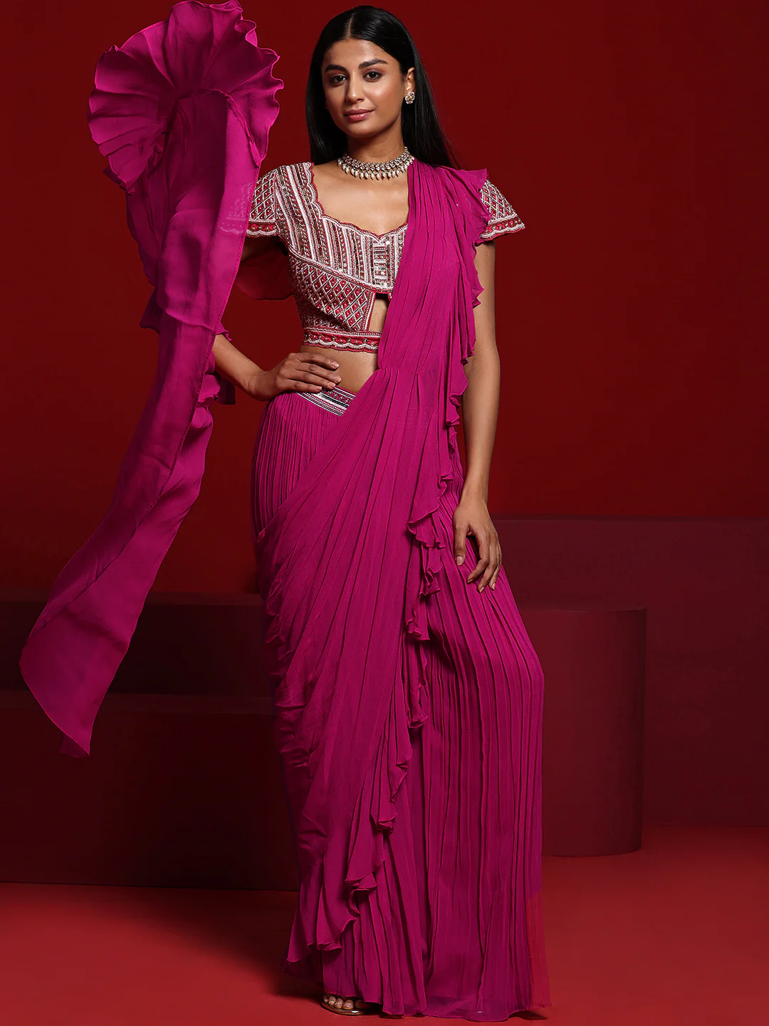 Libas Art Pink Embellished Silk Blend Palazzo Saree - Image 8