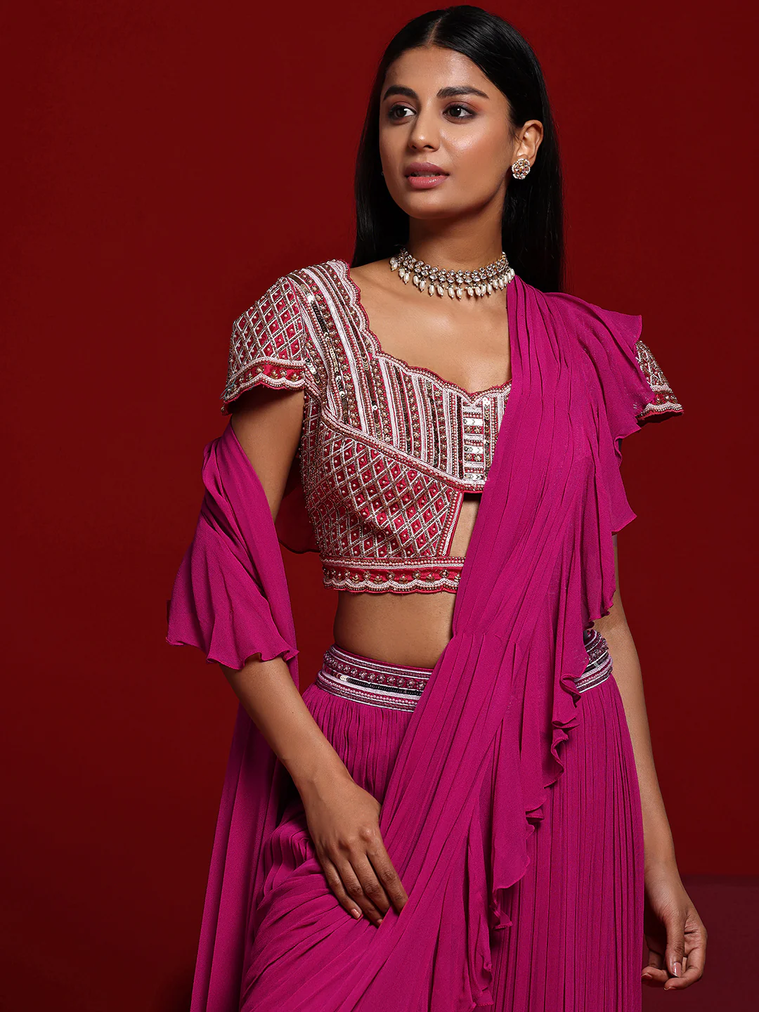 Libas Art Pink Embellished Silk Blend Palazzo Saree - Image 9