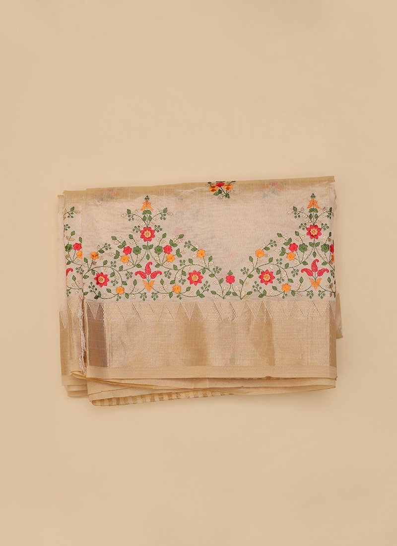Assam Cotton Silk Thread Embroidered Work Temple Contrast Border Saree Festive Wear - Image 5