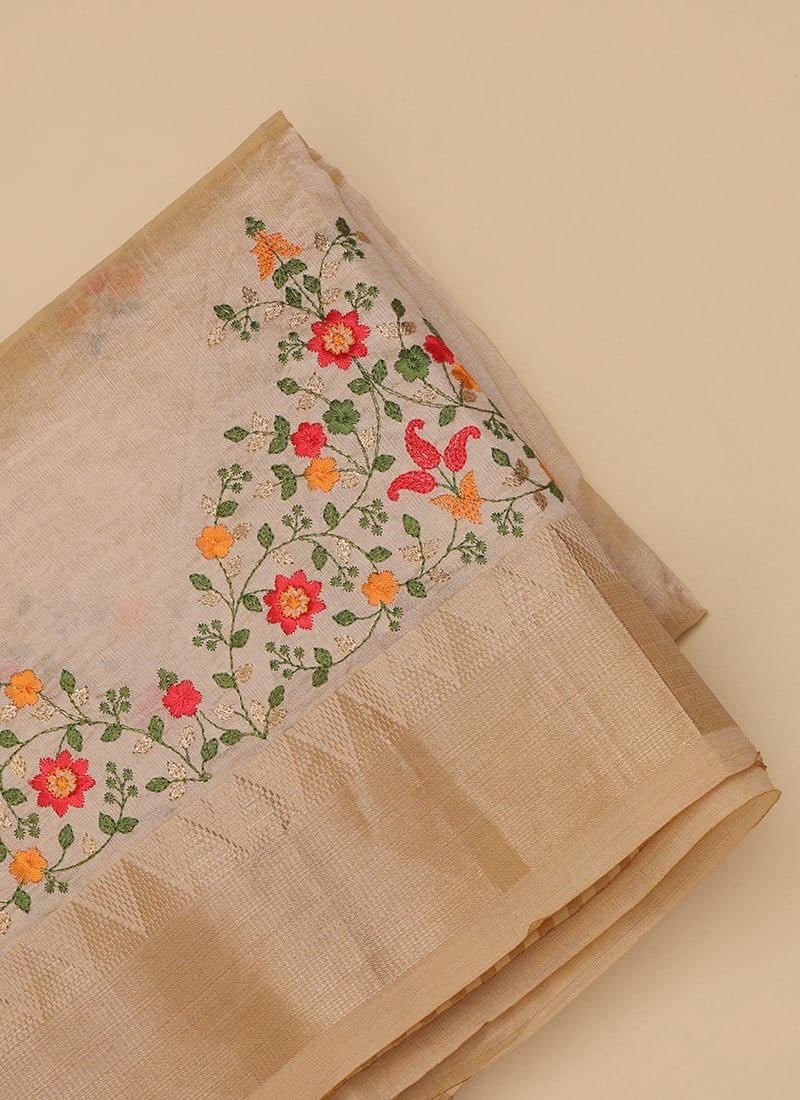 Assam Cotton Silk Thread Embroidered Work Temple Contrast Border Saree Festive Wear - Image 7