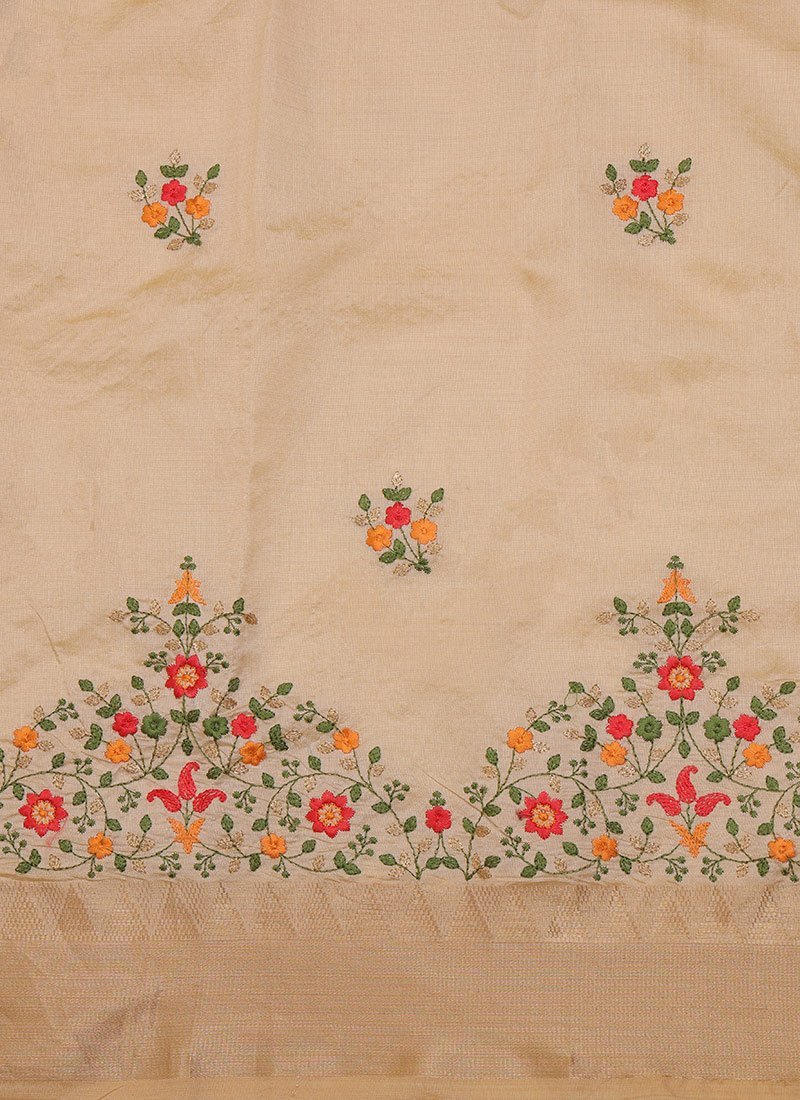 Assam Cotton Silk Thread Embroidered Work Temple Contrast Border Saree Festive Wear - Image 9