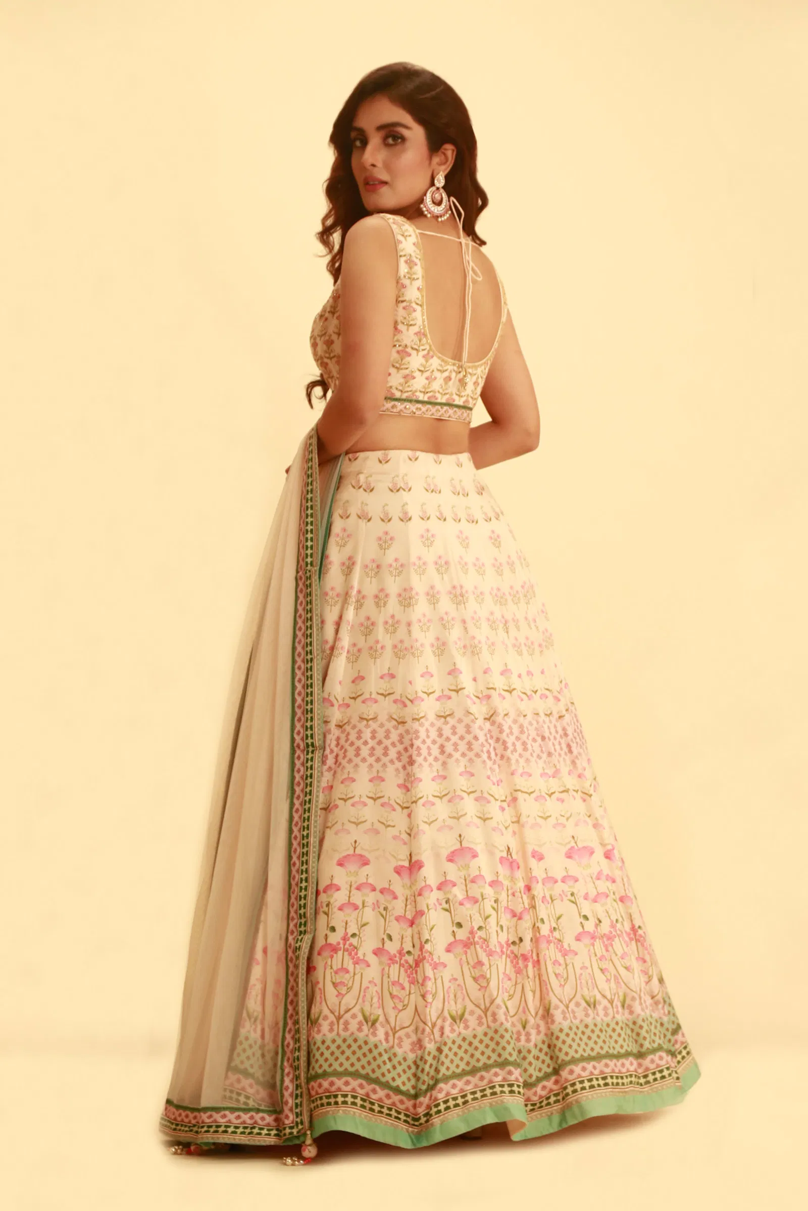 pink printed lehenga set with contrast fern green colour and matching tulle dupatta - Image 3