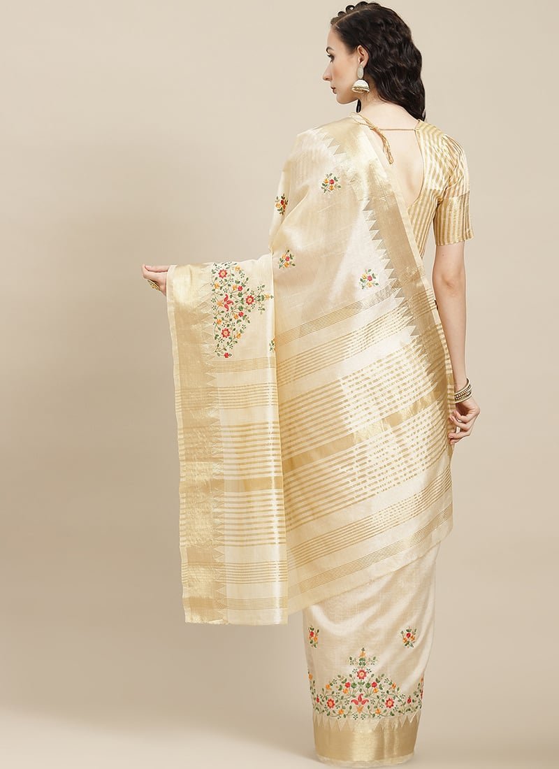 Assam Cotton Silk Thread Embroidered Work Temple Contrast Border Saree Festive Wear - Image 2