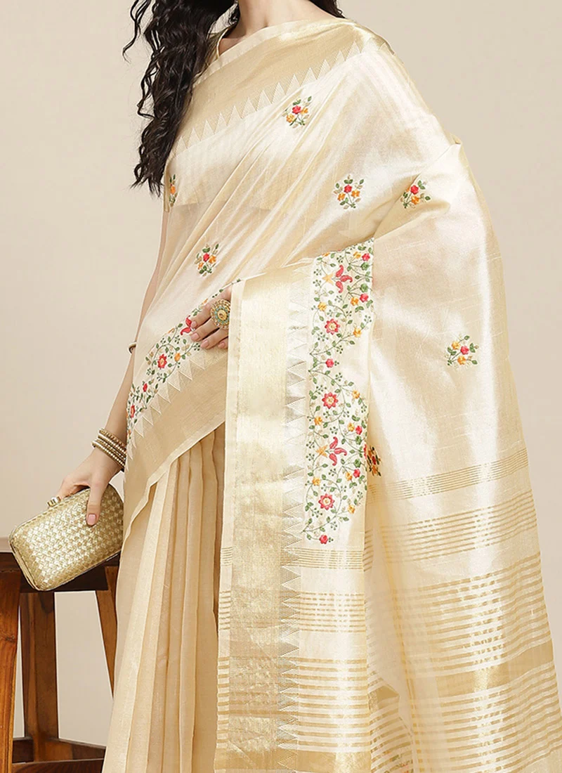 Assam Cotton Silk Thread Embroidered Work Temple Contrast Border Saree Festive Wear - Image 4