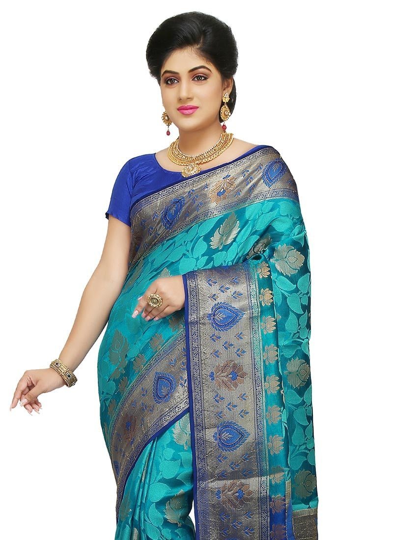 Blue Pure Silk Saree Festive Wear - Image 2