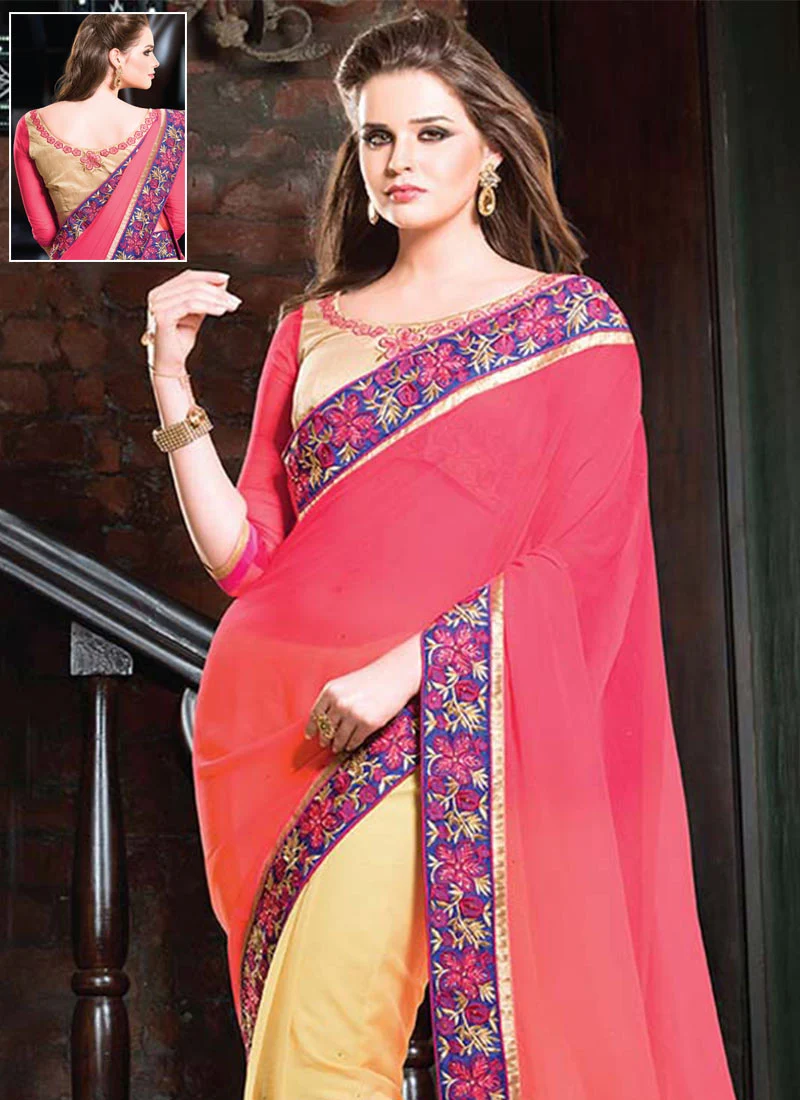 Cream N Pink Half N Half Saree Party Wear - Image 2