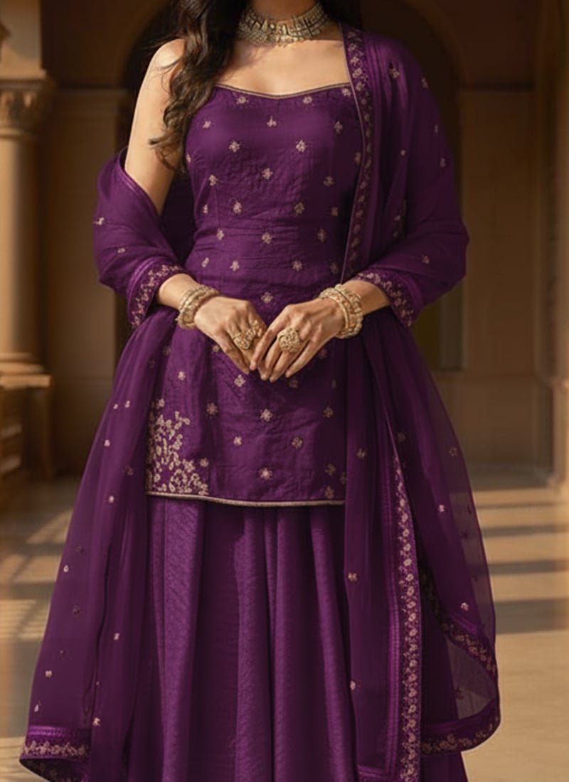 Purple Organza Sequins Moti Hand Embroidered Palazzo Suit Festive Wear - Image 3
