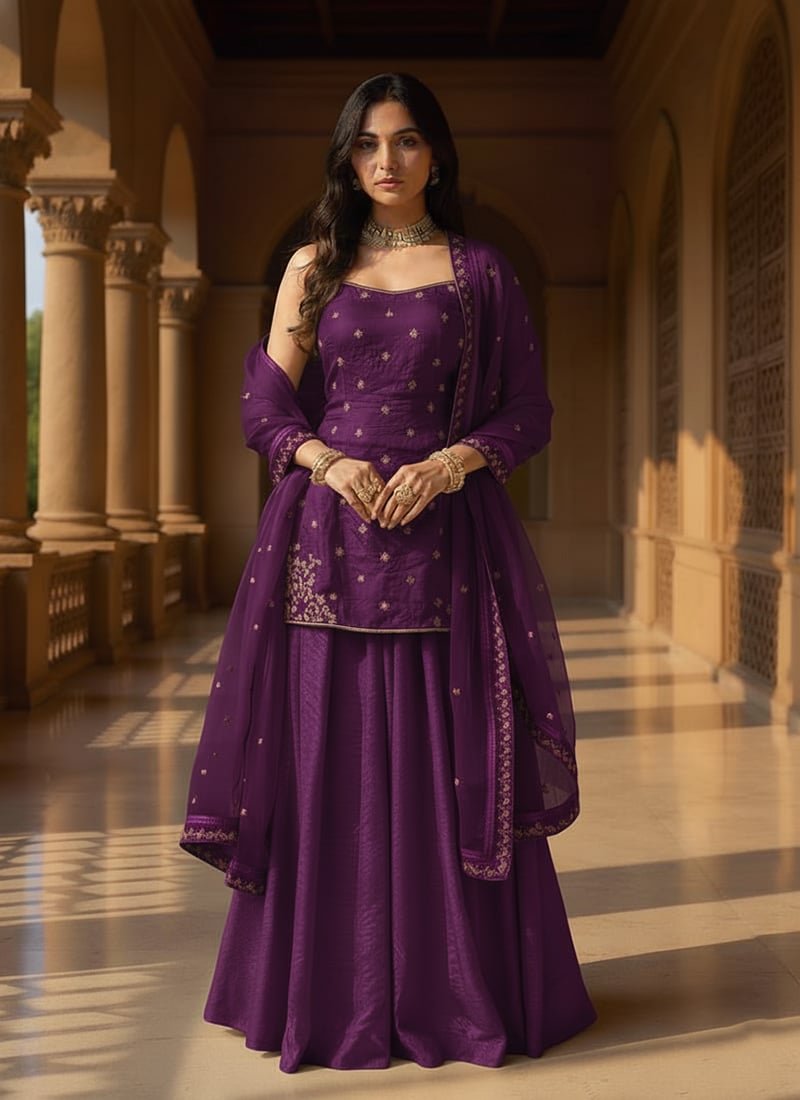 Purple Organza Sequins Moti Hand Embroidered Palazzo Suit Festive Wear - Image 4